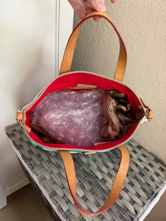 Dooney & Bourke Chevron Satchel Teal & White Stripes - Leather Top Handle - Picture 6 of 15